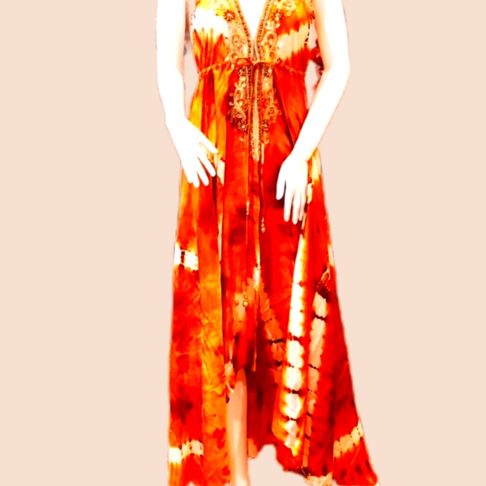 **LAST ONE**MANISH VAID Brn /Vanilla Tie Dye HI Lo Emb. Dress OS NWT
